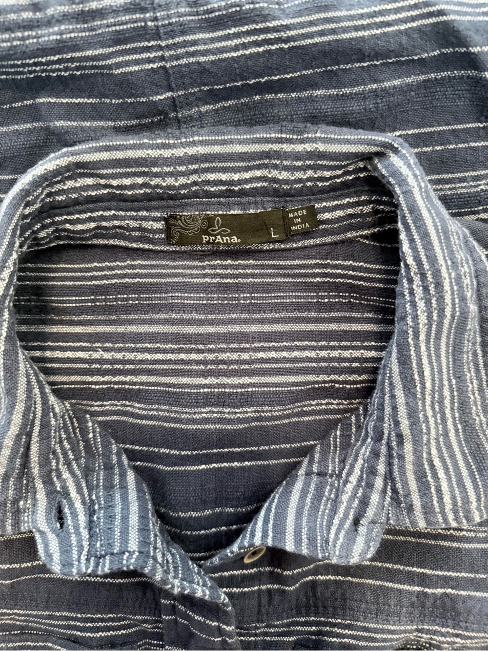 prAna Dyri Button Front Shirt Dress Large Blue Striped Organic Cotton - Picture 9 of 11